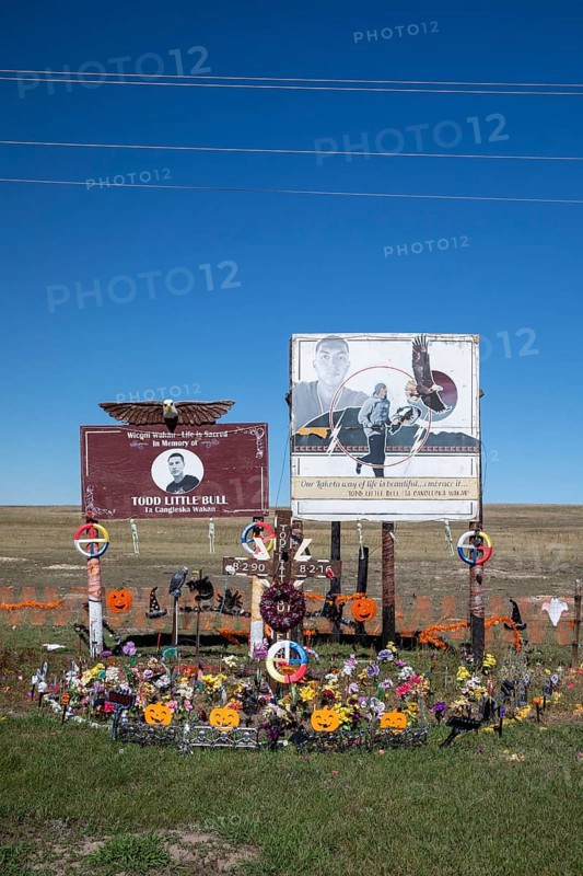 Kyle, South Dakota - A memorial on the Pine Ridge Indian Reservation for Todd Little Bull. Little Bull was shot and killed in 2016 shortly after writing Facebook posts exposing a medicine man who he said was faking spiritual experiences