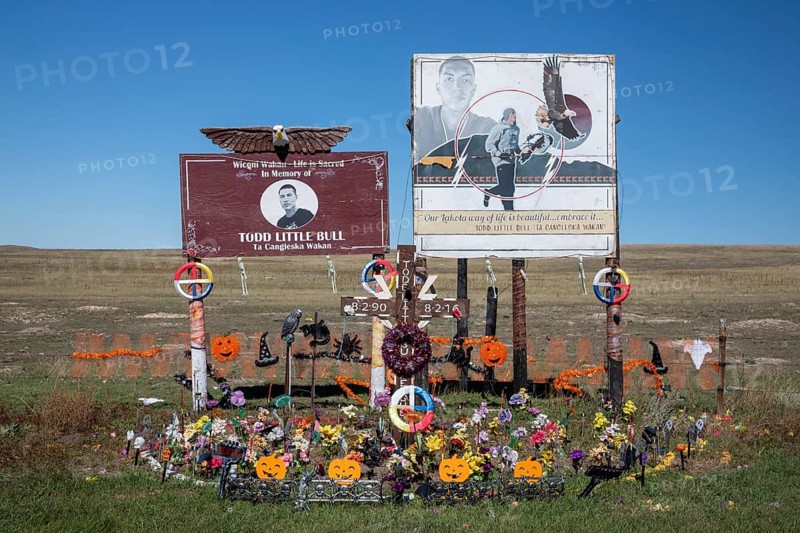 Kyle, South Dakota - A memorial on the Pine Ridge Indian Reservation for Todd Little Bull. Little Bull was shot and killed in 2016 shortly after writing Facebook posts exposing a medicine man who he said was faking spiritual experiences