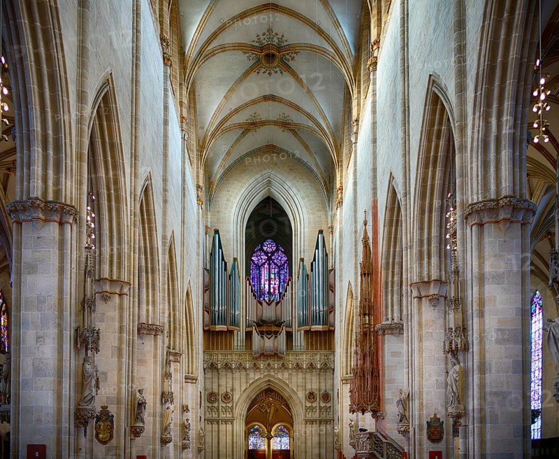 Interior view, main organ on the west gallery, central aisle facing west, Our Lady of Ulm, Ulm Münster, Ulm, Baden-Württemberg, Germany