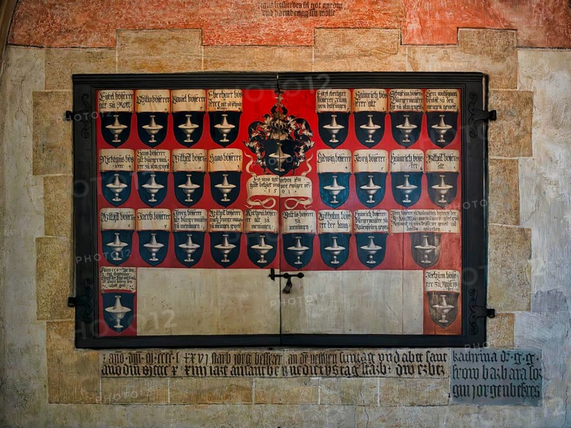 Interior view, epitaph, pedigree, Bessererkapelle, Our Lady of Ulm, Ulm Münster, Ulm, Baden-Württemberg, Germany