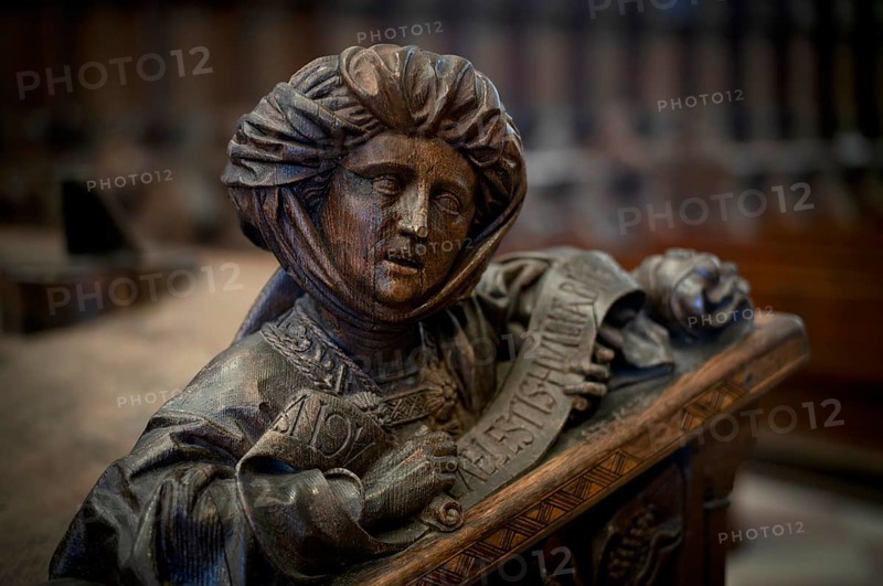 Interior view, picture carving in choir stalls, Ulm, Baden-Württemberg, Germany