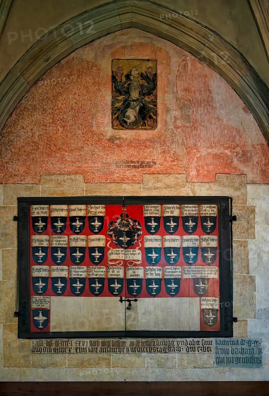 Interior view, epitaph, pedigree, Bessererkapelle, Our Lady of Ulm, Ulm Münster, Ulm, Baden-Württemberg, Germany