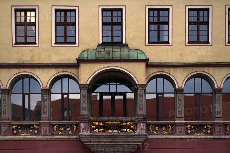 Balcony, historic house of the city's history, Schwörhaus am Weinhof, city archive, old town, Ulm, Baden-Württemberg, Germany
