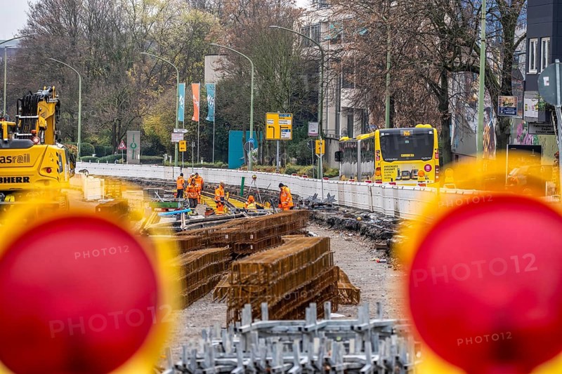Large-scale construction site in the city center of Essen, Herkulesstraße, the construction of new tracks for the new Stadtbahn-Essen, a new tram line in the city center that will connect the west of the city with the new Essen-51 district, North Rhine-Westphalia, Germany