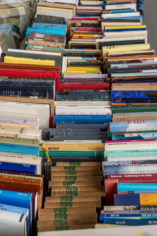 Table with partly old books, offered by a second-hand bookshop