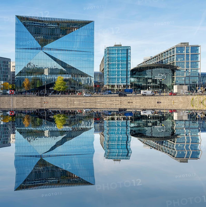 Central Station with Cube reflection in the Spree Berlin Germany