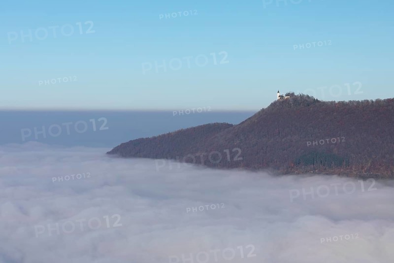Teck Castle in the magical sea of fog in autumn Swabian Jura Germany
