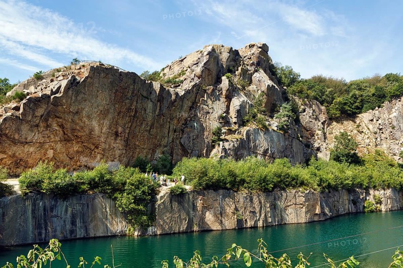 Impressive rock formations, opal lake in the granite quarry, Moselleøkken Stenbrudsmuseum, museum in the quarry, Hammerknuden, Allinge-Sandvig, Bornholm, Denmark