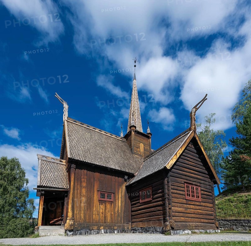 Garmo Stave Church, Maihaugen open-air museum with houses and objects from farms in Gudbrandsdal, Lillehammer am Mjøsa Lake, Innlandet Municipality, Norway