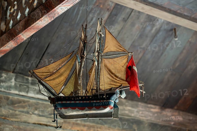 Votive ship in the interior of Garmo Stave Church, Maihaugen open-air museum with houses and objects from farms in Gudbrandsdal, Lillehammer am Mjøsa Lake, Innlandet Municipality, Norway