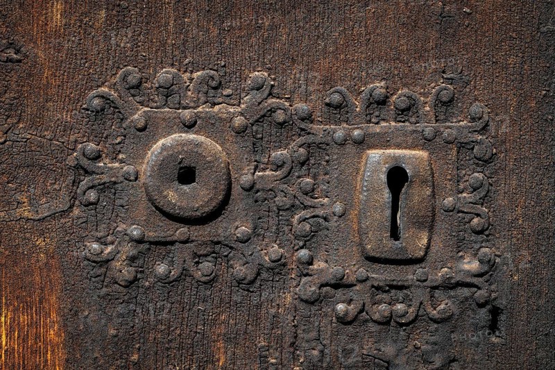 Wrought iron door lock, Garmo Stave Church, Maihaugen open-air museum with houses and objects from farms in Gudbrandsdal, Lillehammer on Lake Mjøsa, Innlandet Municipality, Norway
