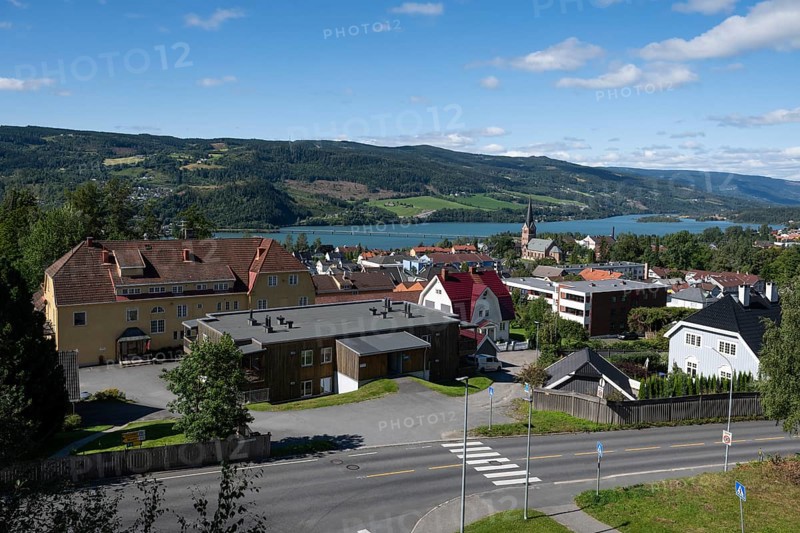 View of Lillehammer on Lake Mjøsa, Innlandet County, Norway