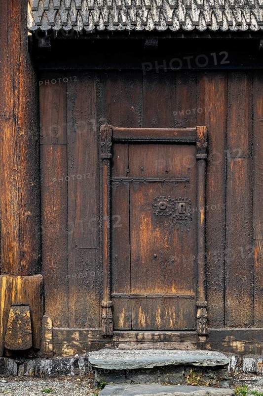 Wooden door, Garmo Stave Church, Maihaugen open-air museum with houses and objects from farms in Gudbrandsdal, Lillehammer am Mjøsa Lake, Innlandet Municipality, Norway