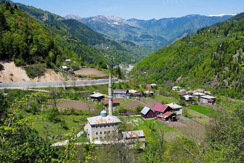 Village with a mosque in a green valley surrounded by mountains, Paksadzeebi, Ajara region, Ajara, autonomous republic, Georgia