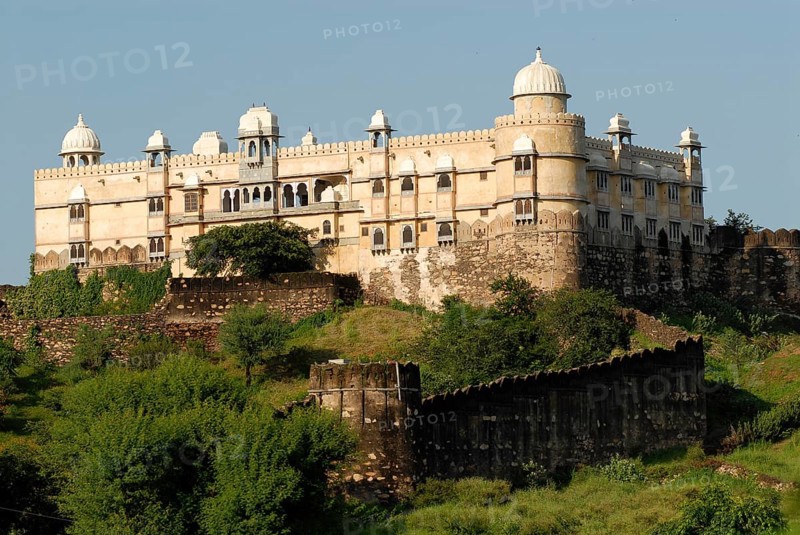 Karni Fort Bambora Palace Hotel with high defensive wall, Bambora, Rajasthan, India