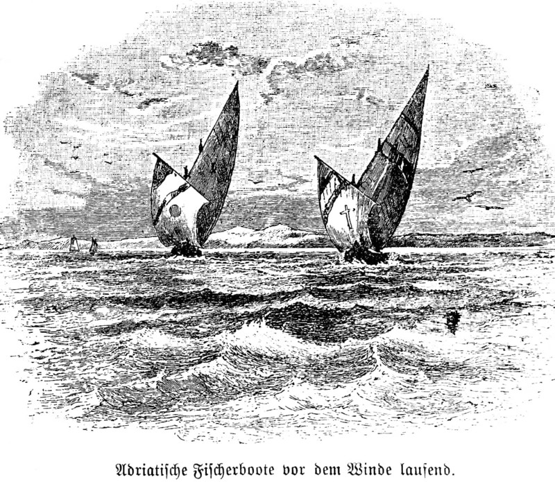 Fishing boats on the Adriatic sea with the aft wind, full sail, spinnaker headsail, swell, high speed, profession fisherman, Adriatic Sea, Italy, travel picture, historical illustration around 1900