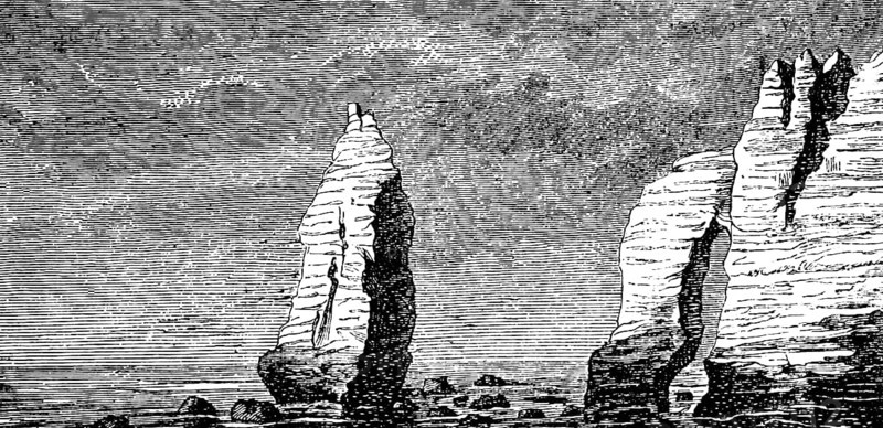 Chalk cliffs on the coast of Étretat, English Channel, Seine-Maritime department, Normandy, steep rock cliffs, rare rock formation, single rock, breakthrough, France, travel picture, historical illustration around 1900