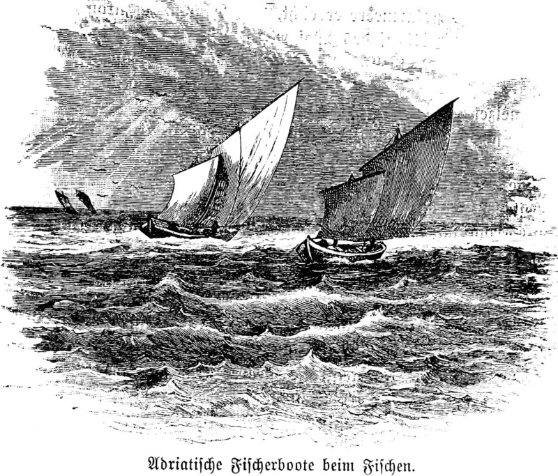 Fishing boats fishing in the Adriatic, wooden boats, sailboats, high waves, strong wind, cloud wall, sun rays, profession fisherman, Mediterranean, Italy, travel picture, historical illustration around 1900