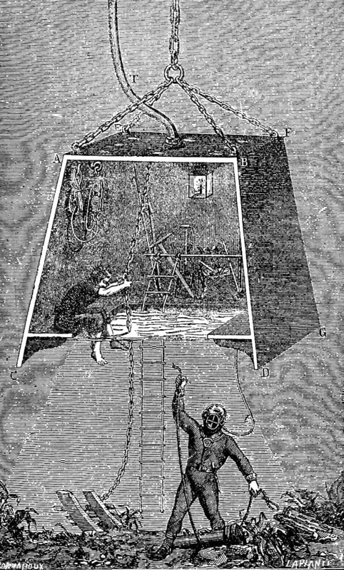 Diver with diving bell, then caisson, at the bottom of the sea, depth, diving suit, oxygen mask, hose, iron chains, construction, ladder, light, helper, ropes, travel picture, box, danger, profession, historical illustration around 1900