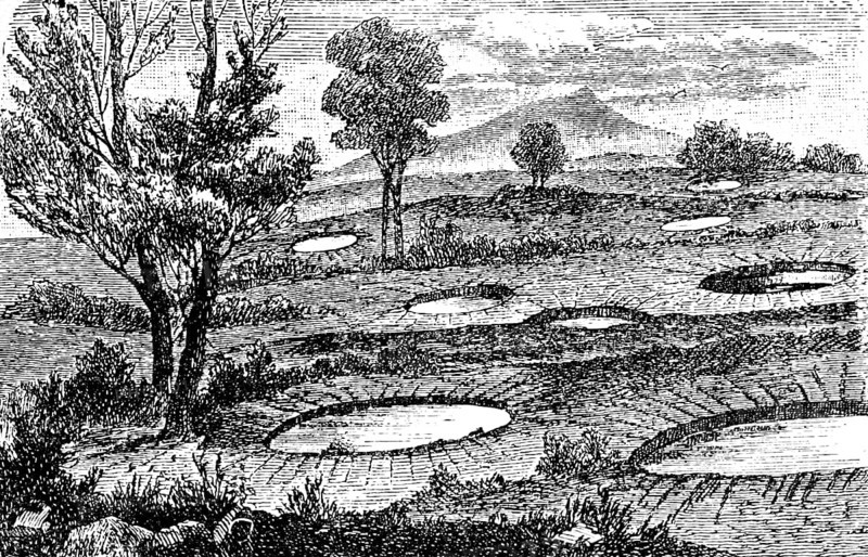 Circular openings near Rosarno, Calabria, created during the earthquake of 1783, 18th century, landscape, trees, stratovolcano, stratovolcano, natural disaster, danger, geology, Italy, travel picture, historical illustration around 1900