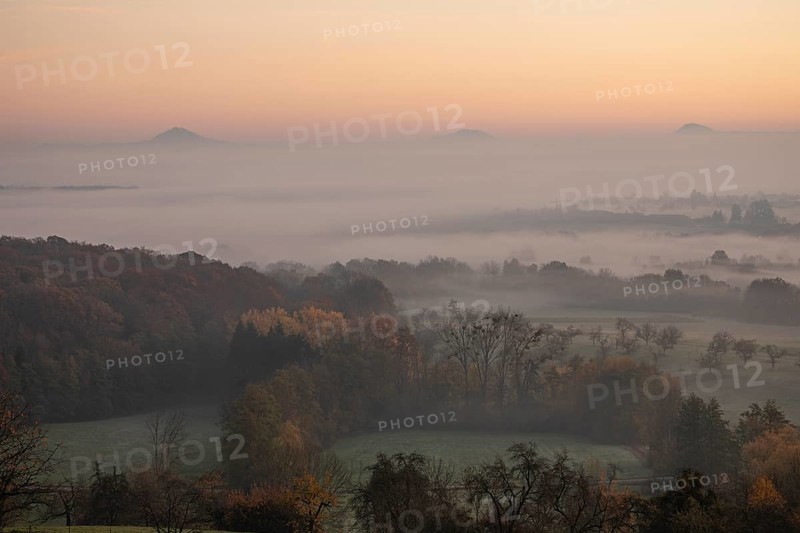 Three Kaiserberge in golden morning light, Hohenstaufen, Aichelberg, Spectacular dawn over the foggy foothills of Baden-Württemberg
