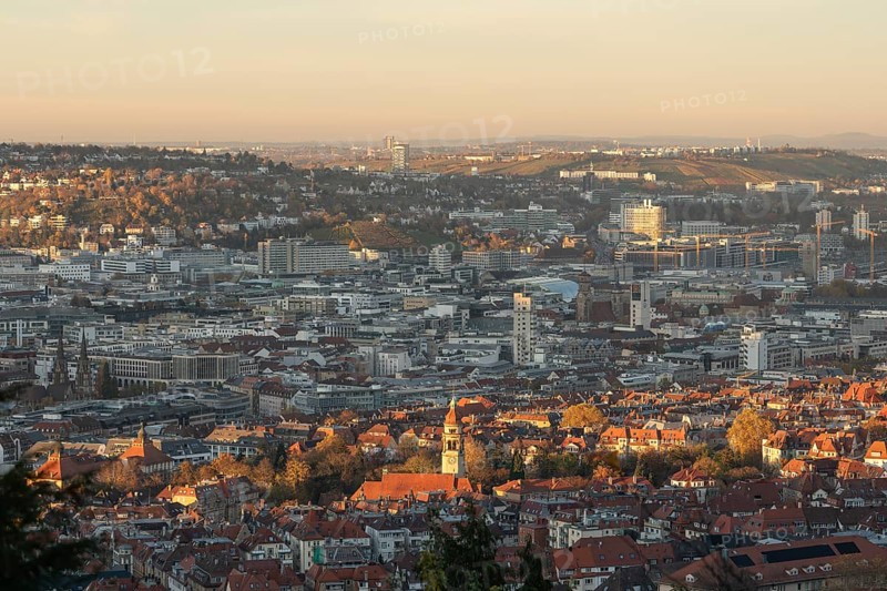 View of the city center in warm sunset light from Santiago de Chile Platz Stuttgart, Germany