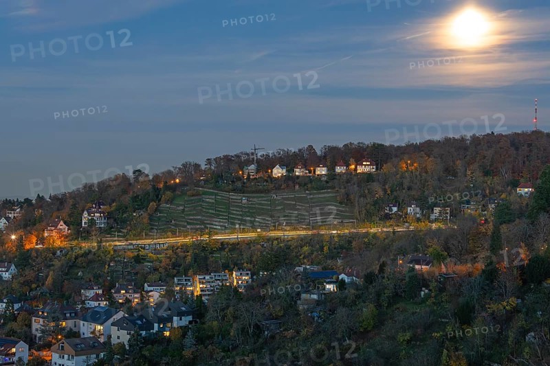 Dusk with full moon on the Neue Weinsteige in Stuttgart Germany