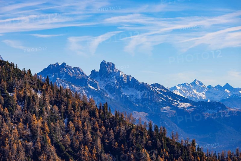 Trattberg Alm with view of the Dachstein massif with Bischofsmütze, Osterhorn Group, Salzkammergut, Province of Salzburg, Austria
