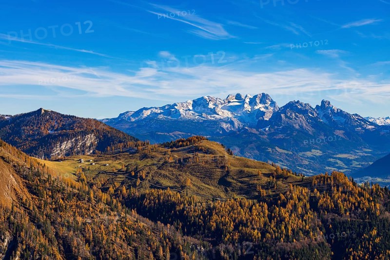 Alpbichlalm with Dachstein massif, autumn, Osterhorn Group, Salzkammergut, Province of Salzburg, Austria