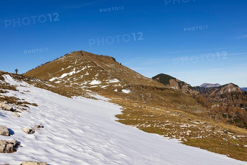 Snowfield on the Trattberg Alm with Hoher First, Osterhorn Group, Salzkammergut, Province of Salzburg, Austria
