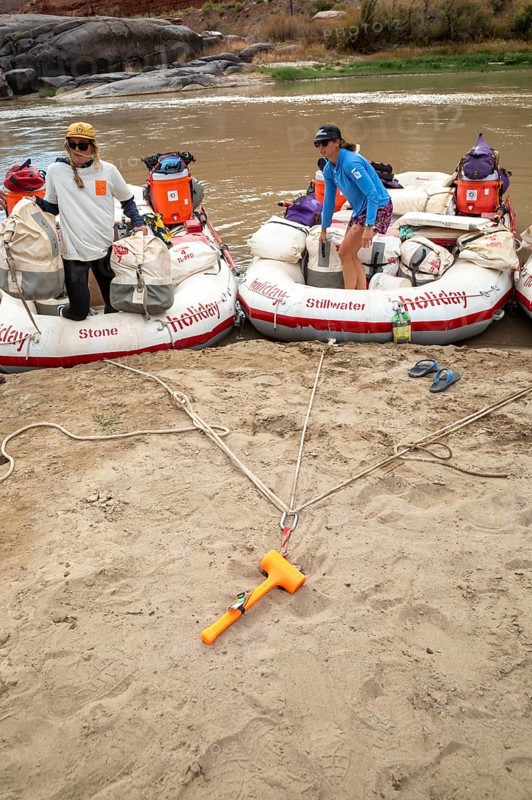 Loma, Colorado - An anchor holds rafts on the shore of the Colorado River during a river rafting tip through Ruby Canyon and Westwater Canyon. The trip was run by Holiday River Expeditions