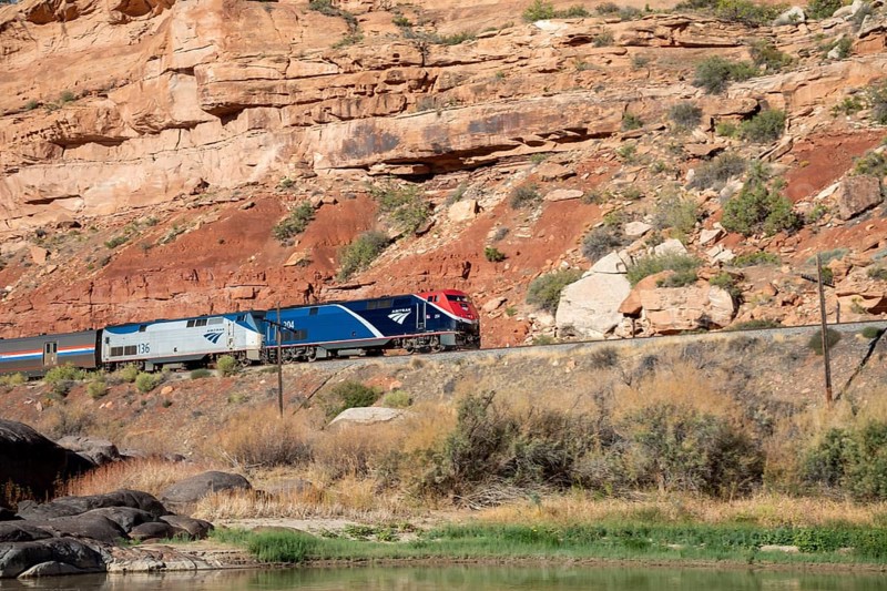 Loma, Colorado - Amtrak's California Zephyr travels along the Colorado River in Ruby Canyon