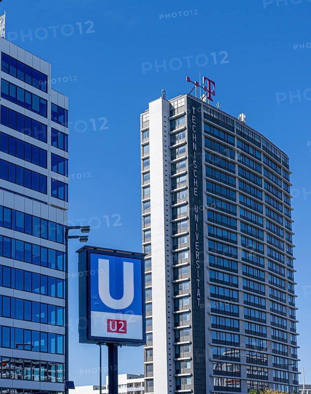 Subway sign for line U2 in front of the skyscrapers at Ernst Reuter Platz, Berlin, Germany