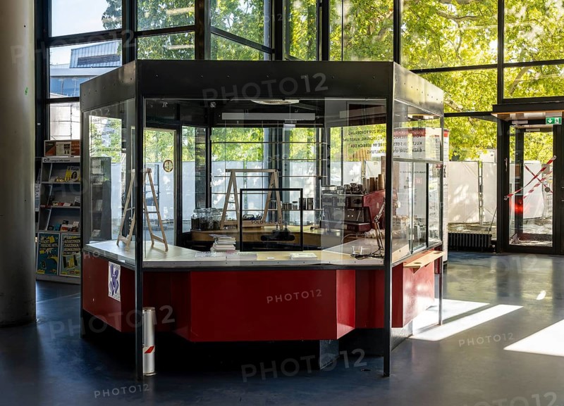 Vacant glass rotunda and former doorman's lodge in the Technische Universität Berlin building on Marchstraße, Berlin, Germany
