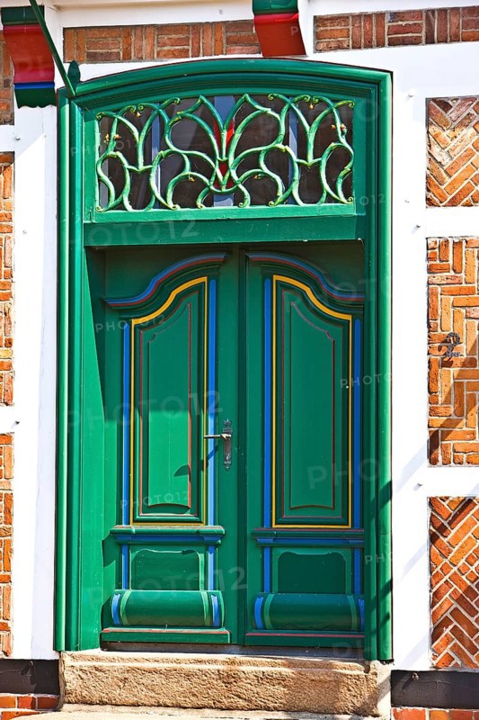 Green entrance door, Jork, Altes Land, Lower Saxony, Germany