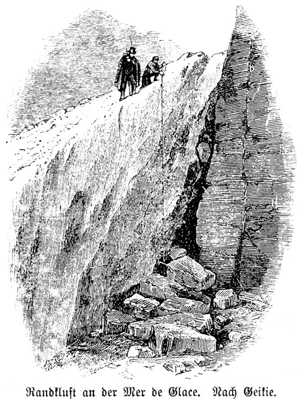 Rift at the Mer de Glace, Chamonix Mont Blanc, France, measurements, two people, glacier, rocks, slope, overhang, danger, French Alps, travel picture, historical illustration around 1900