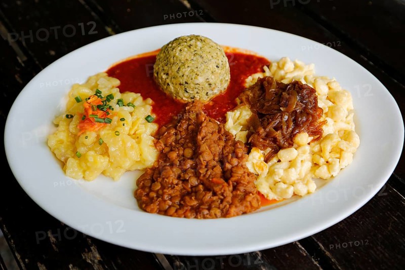 Swabian cuisine, potato salad with flavored onions, spätzle, knöpfle, dumplings with tomato sauce, vegetarian, plate, main course served on plate, grandmother's cuisine, regional, home cooking, typical Swabian, traditional cuisine, food photography, Germany