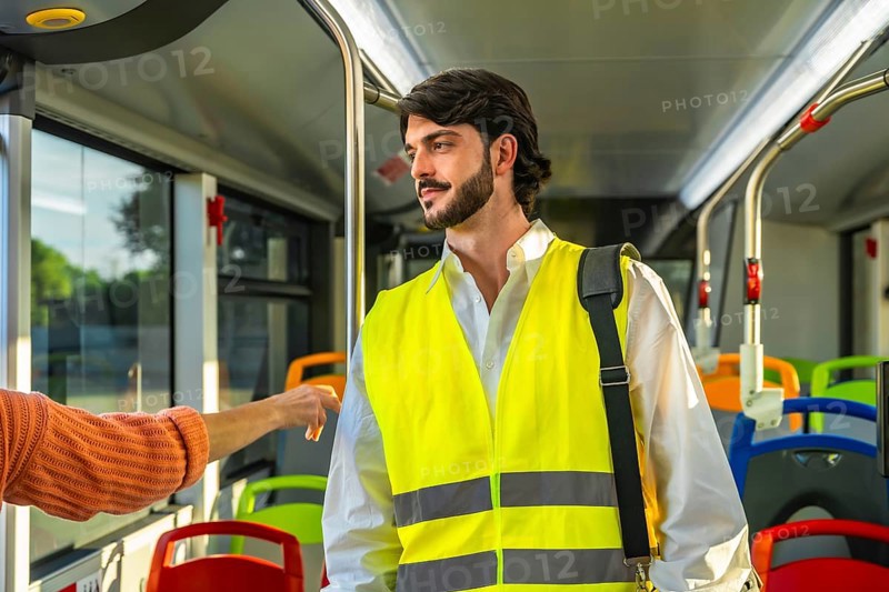 Young man standing inside a public bus. Wearing a yellow high visibility safety vest and carrying a shoulder bag. Preparing for his daily commute or work. Providing a sense of safety and urban travel
