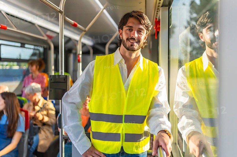 Young man wearing a bright yellow safety vest and white shirt, smiling at the viewer while traveling on a public transport bus with other passengers in the background