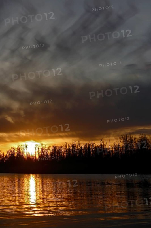 Dramatic sunset with dark sky and golden reflections, Peenetal nature park Park, Mecklenburg-Western Pomerania, Germany