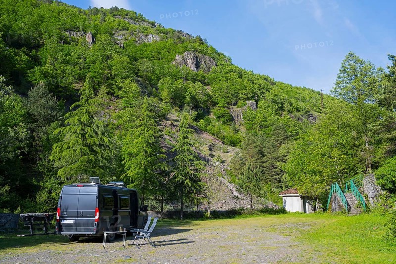 Motorhome is parked on an area in a mountainous and wooded area, free-standing near Purtio, Autonomous Republic of Adjara, Adjaria, Lesser Caucasus, Georgia