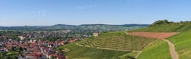 Wide view of a village and its surrounding hilly vineyards, Y-Burg, Stetten im Remstal, Baden-Württemberg, Germany