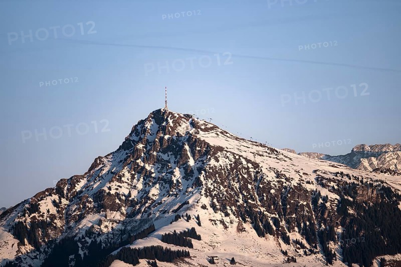 Summit of the Kitzbühler Horn in the evening light in winter, Hochbrixen, Brixen im Thale, Tyrol, Austria