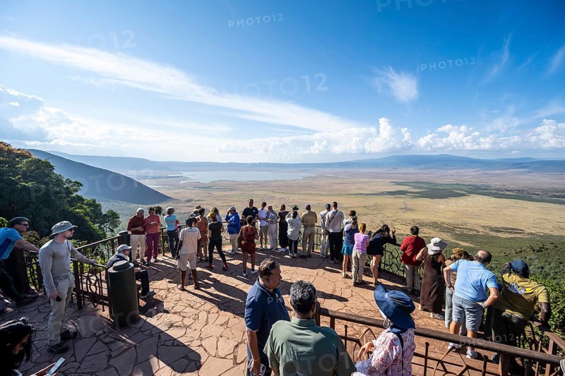 Tourists on the Crater Viewpoint observation deck, view of Ngorongoro Crater, Ngorongoro Conservation Area, Tanzania