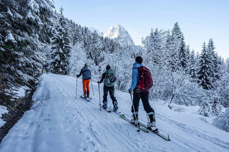 Ski tourers climbing to Längenfelderkopf, view of snow-covered forest and Waxenstein summit, in winter, Wetterstein Mountains, Garmisch-Partenkirchen, Bavaria, Germany