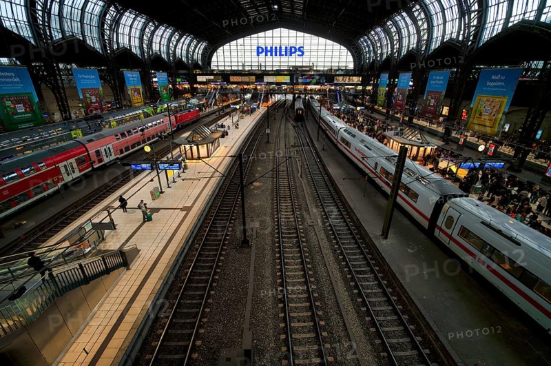 Interior view, ICE, Intercity-Express, RE, Regional-Express, trains, tracks, Philipps, logo, advertising, advertising, Ritter Sport chocolate, platform, travelers, main station, Free and Hanseatic City of Hamburg, Germany