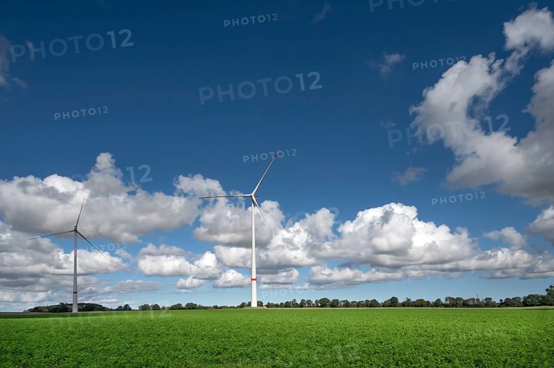 Wind turbines in a meadow, cluster clouds (Cumulus), Mecklenburg-Western Pomerania, Germany