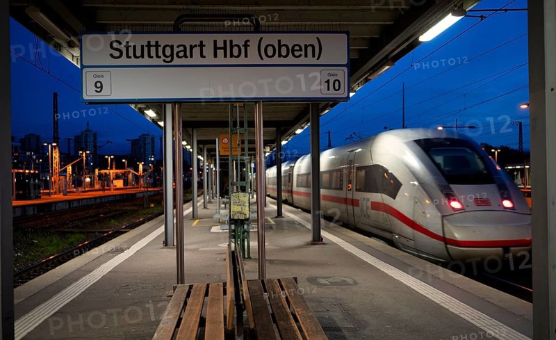 Incoming train, ICE, Intercity Express, track 10, platform, empty, main station, blue hour, Stuttgart, Baden-Württemberg, Germany