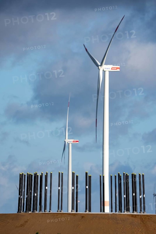 Construction site of the new Bedburg 3 wind farm, on recultivated open-cast mining site, 9 wind power plants with an output of 60 megawatts are being built, finished foundation on which the wind turbine tower is then built, operated by RWE and the city of Bedburg, North Rhine-Westphalia, Germany
