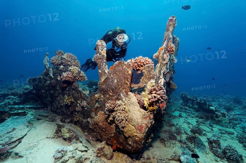 Diver, diver on Gubal lighter, wreck, shipwreck, Gubal Island, Hurghada, Red Sea, Egypt